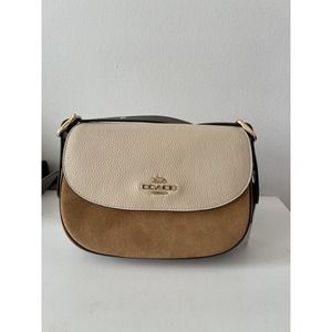 COACH Macie Saddle Color block Beige refined leather brown suede Bag